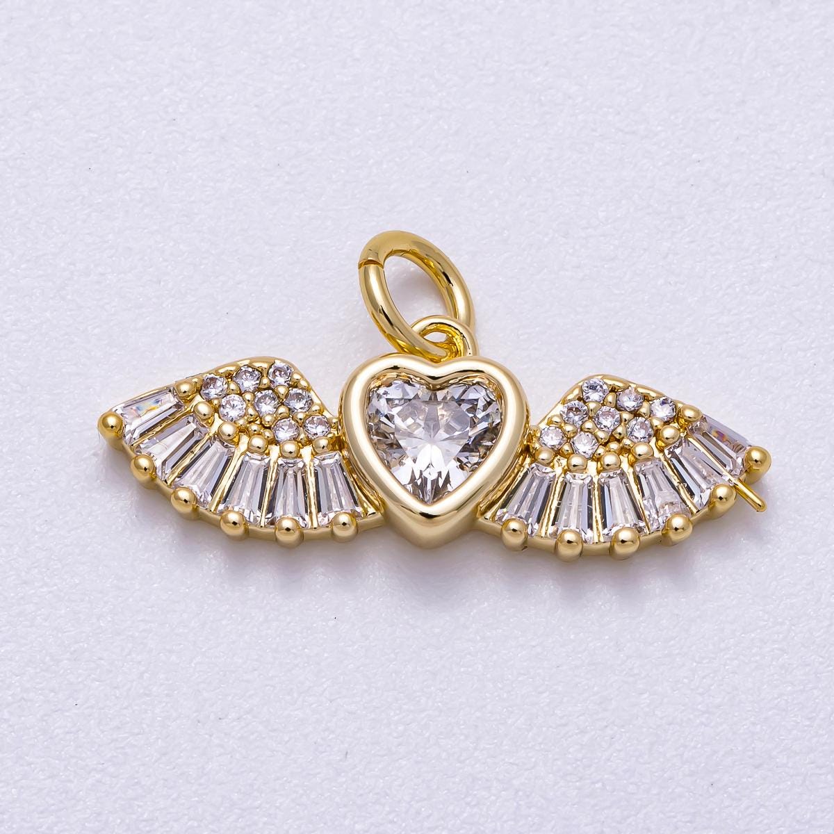 16K Gold Filled 23mm Clear Micro Paved CZ Baguette Heart Angel Wings Charm Religious Jewelry Gift for her diy supply | Charms-00540