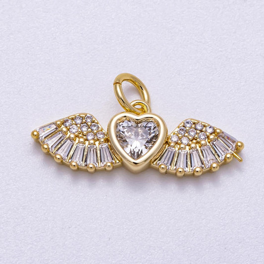 16K Gold Filled 23mm Clear Micro Paved CZ Baguette Heart Angel Wings Charm Religious Jewelry Gift for her diy supply | Charms-00540