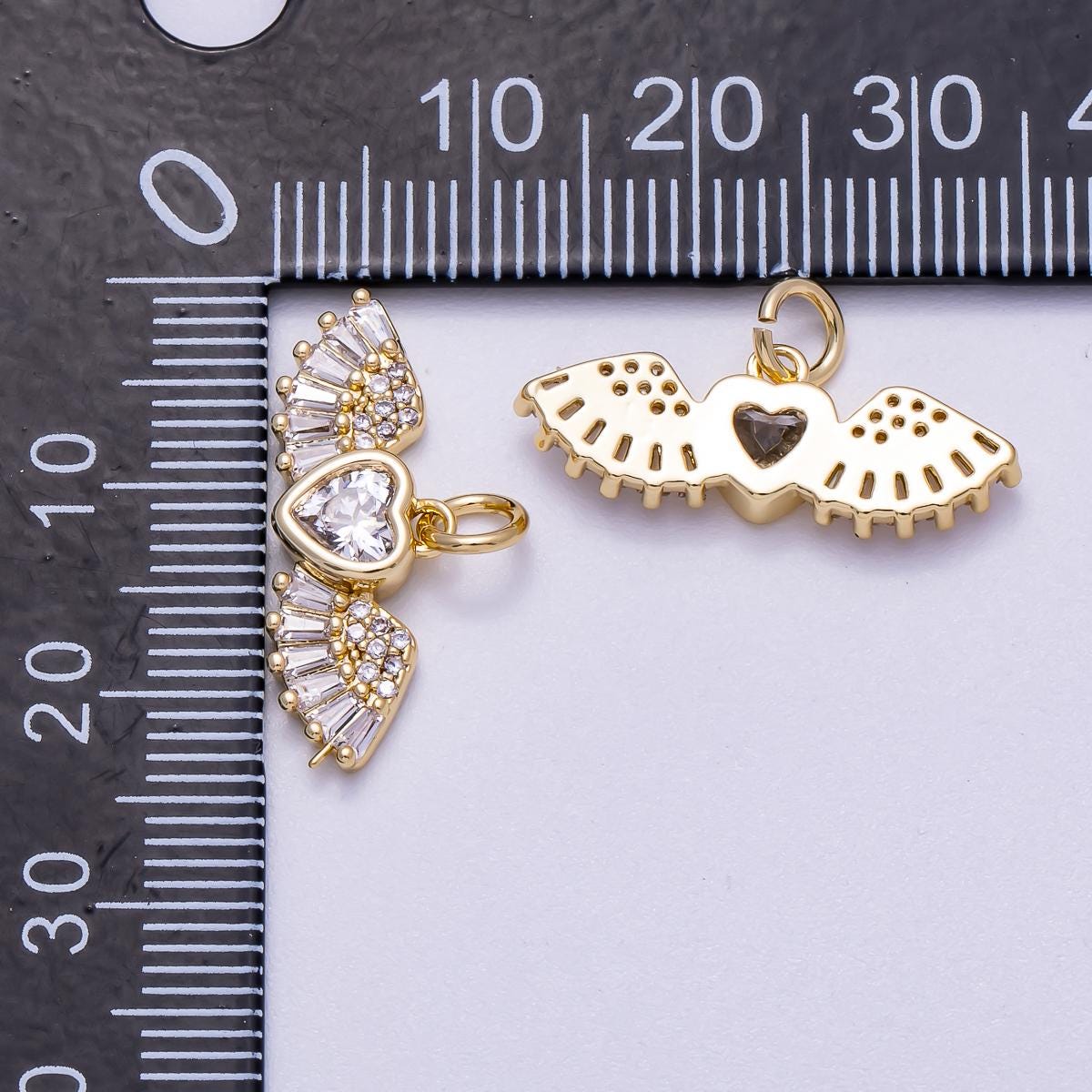 16K Gold Filled 23mm Clear Micro Paved CZ Baguette Heart Angel Wings Charm Religious Jewelry Gift for her diy supply | Charms-00540