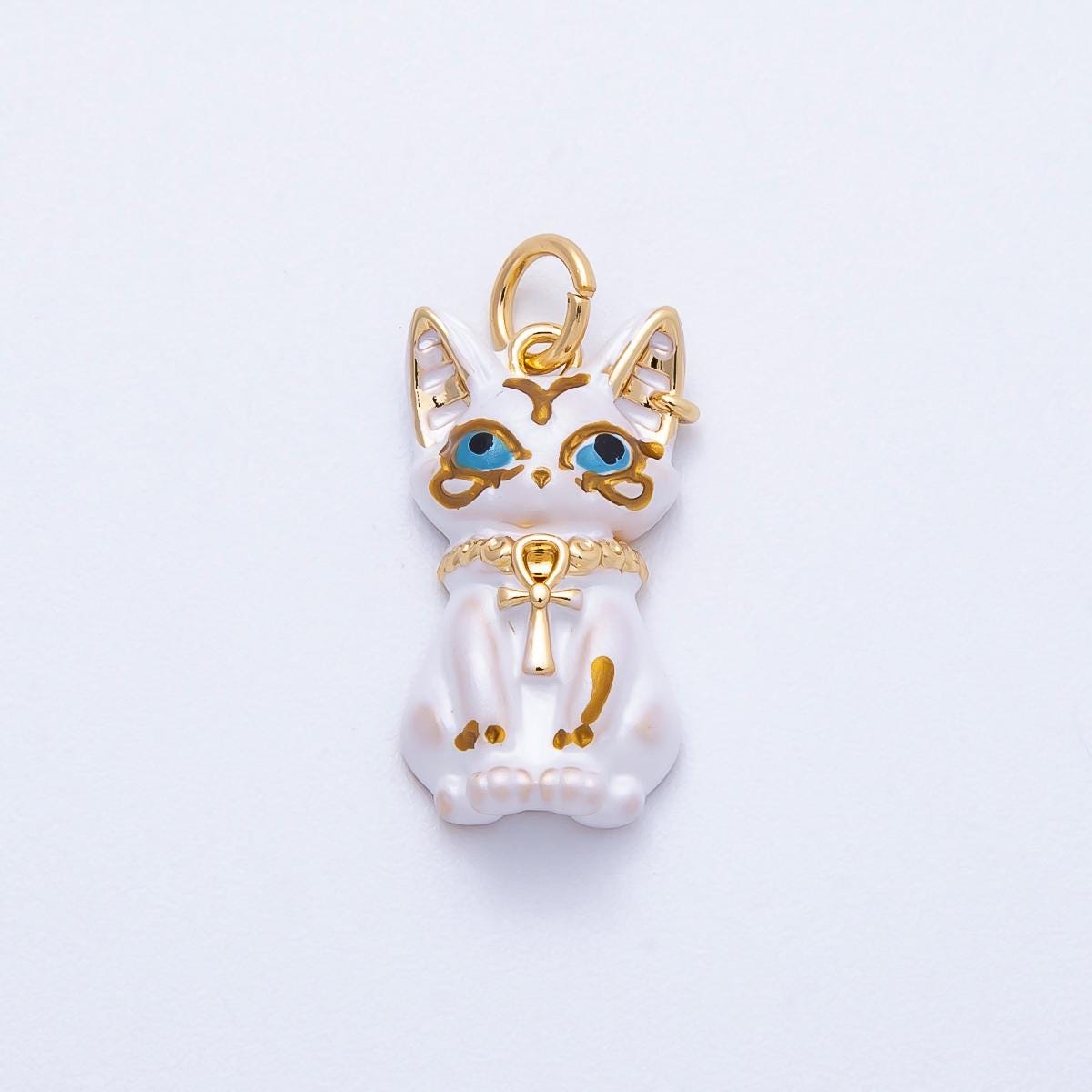 18k Gold Filled 19mm Egyptian Cat Goddess Charm White Enamel Amulet with Blue Eyes Necklace Protector Talisman for Her | CHARMS-00549