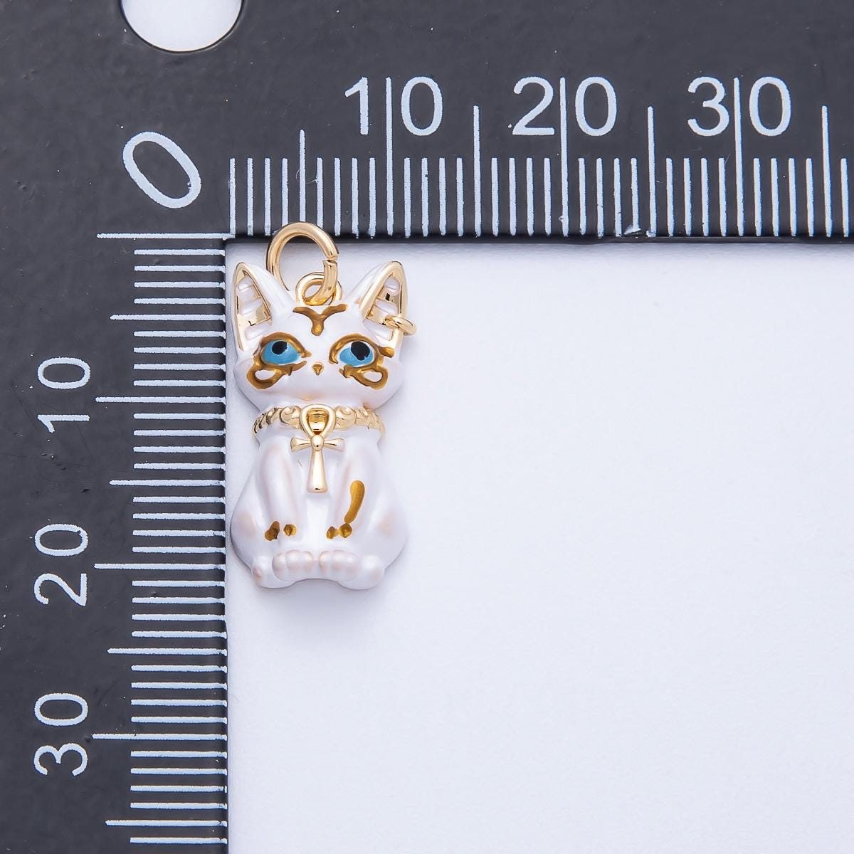 18k Gold Filled 19mm Egyptian Cat Goddess Charm White Enamel Amulet with Blue Eyes Necklace Protector Talisman for Her | CHARMS-00549