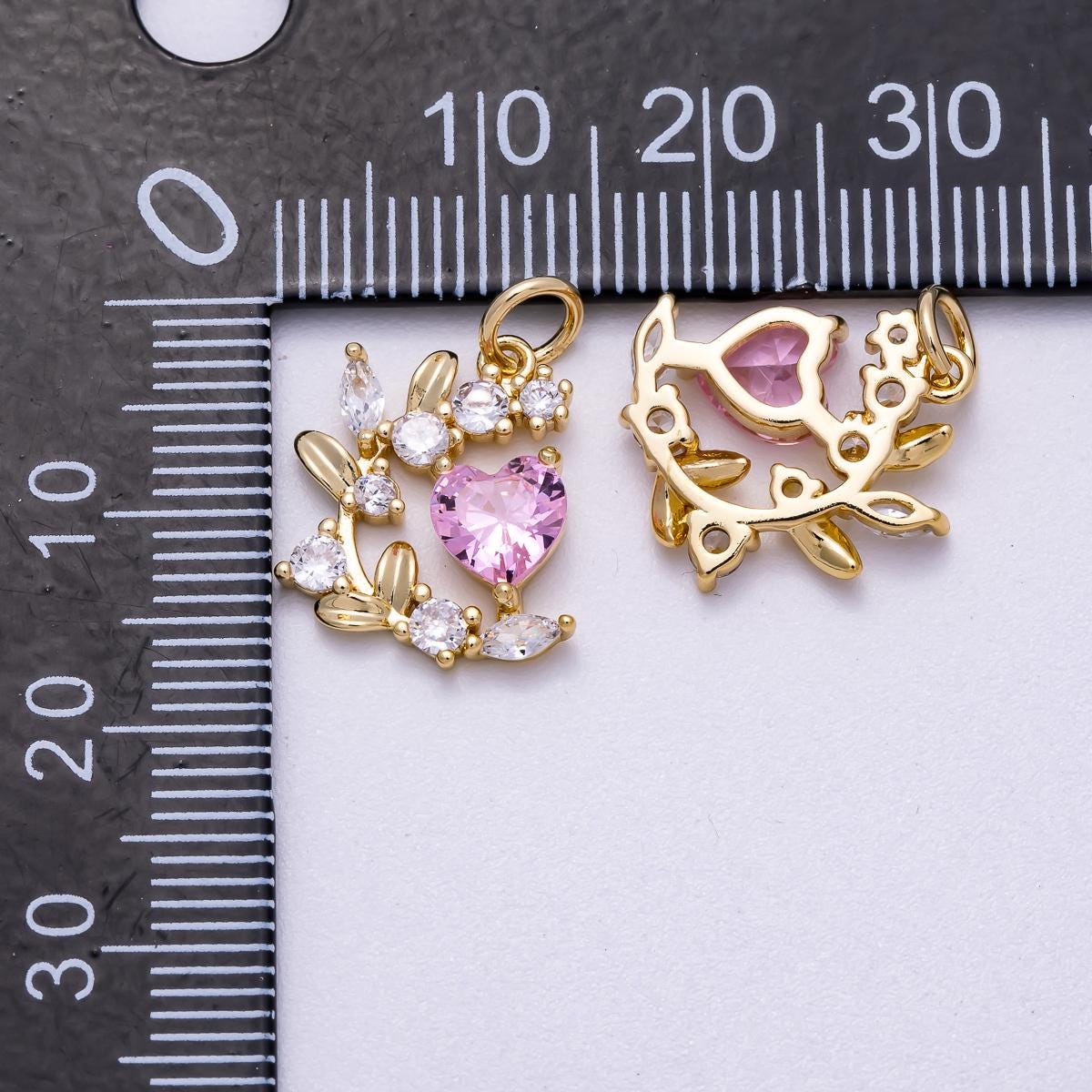 16K Gold Filled 16mm Pink Heart CZ Curved Leaf Flower Charm Dainty Wreath Pendant DIY Necklace Bracelet Making Romantic Gift | Charms-00539