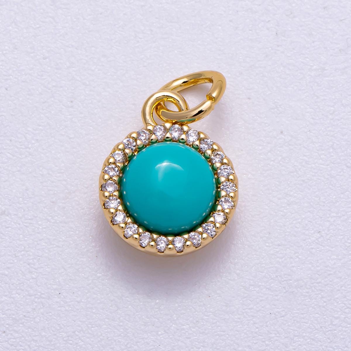 18K Gold Filled 11mm Turquoise Micro Paved CZ Round Bezel Mini Charm Round Gemstone Jewelry for DIY Necklace Bracelet Making | Charms-00551