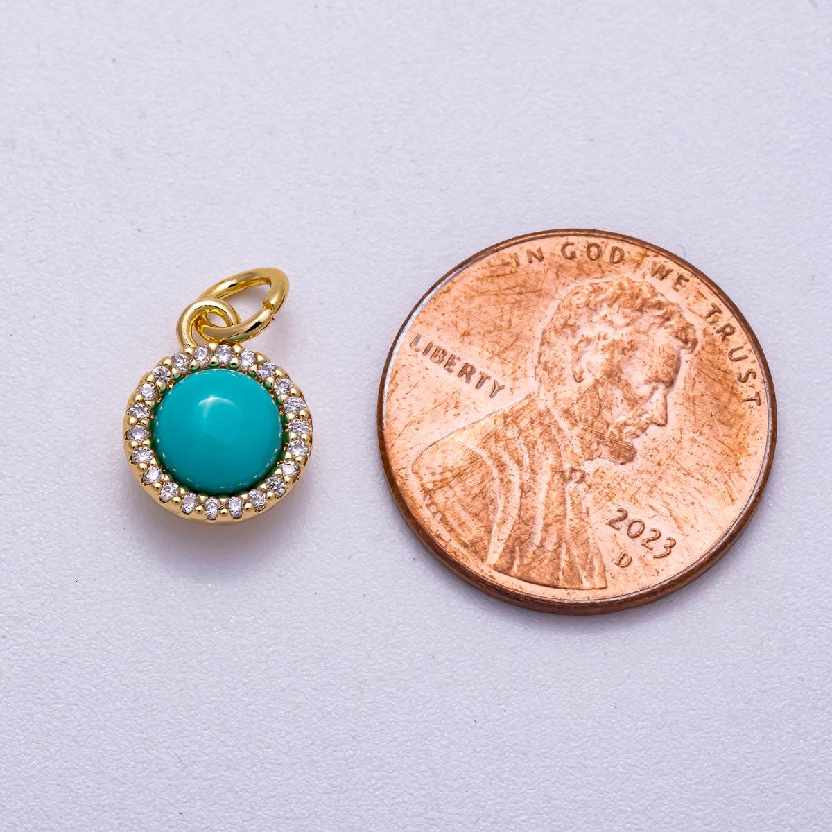 18K Gold Filled 11mm Turquoise Micro Paved CZ Round Bezel Mini Charm Round Gemstone Jewelry for DIY Necklace Bracelet Making | Charms-00551