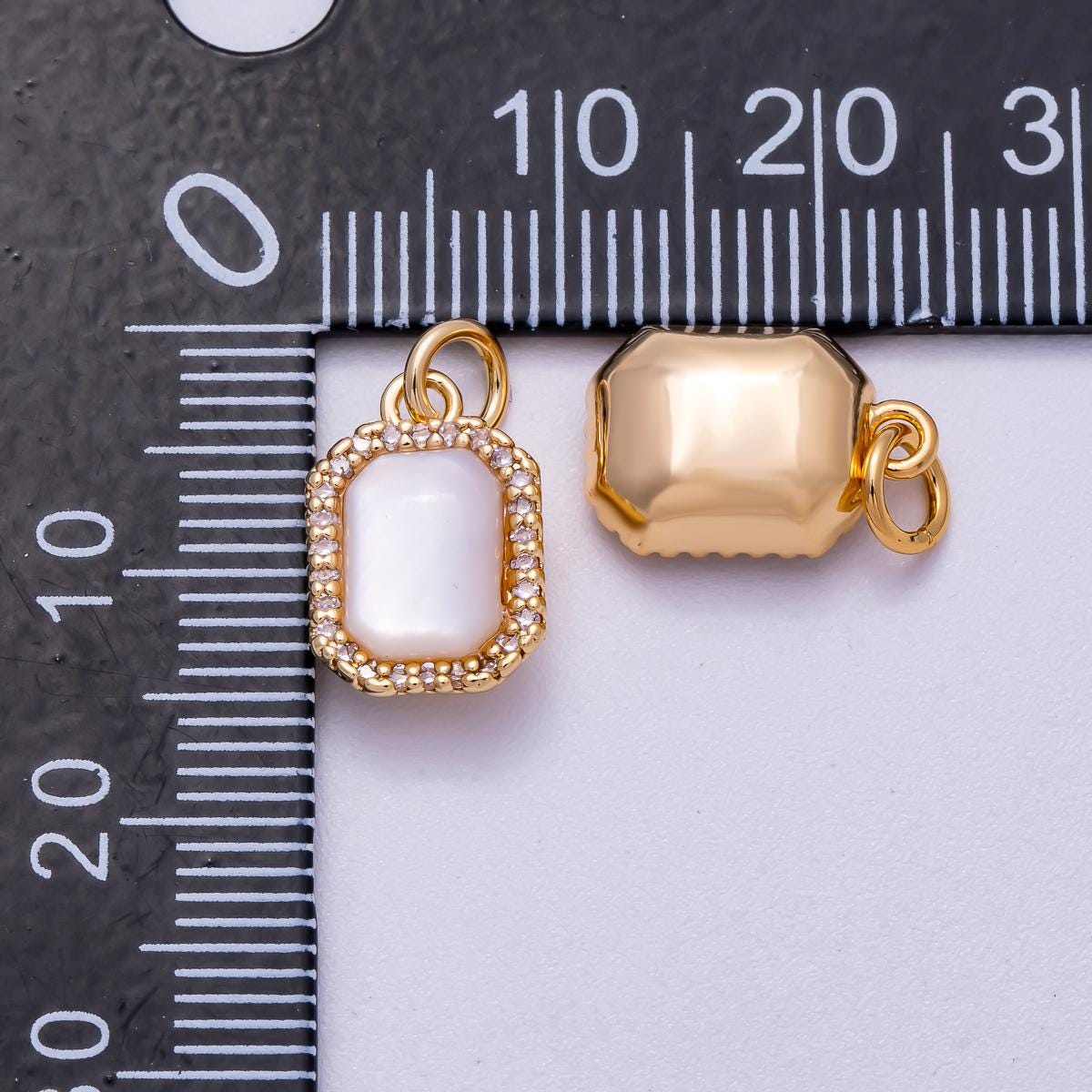 18K Gold Filled 13mm White Shell Pearl Micro Paved CZ Rectangle Bezel Mini Charm Dainty Bridal Jewelry DIY Necklace Bracelet | Charms-00552