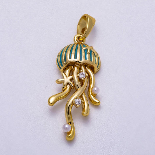 18k Gold Filled Jellyfish Charm Pendant, Clear CZ Stones Sea Life Jewelry Inspired Charms-596