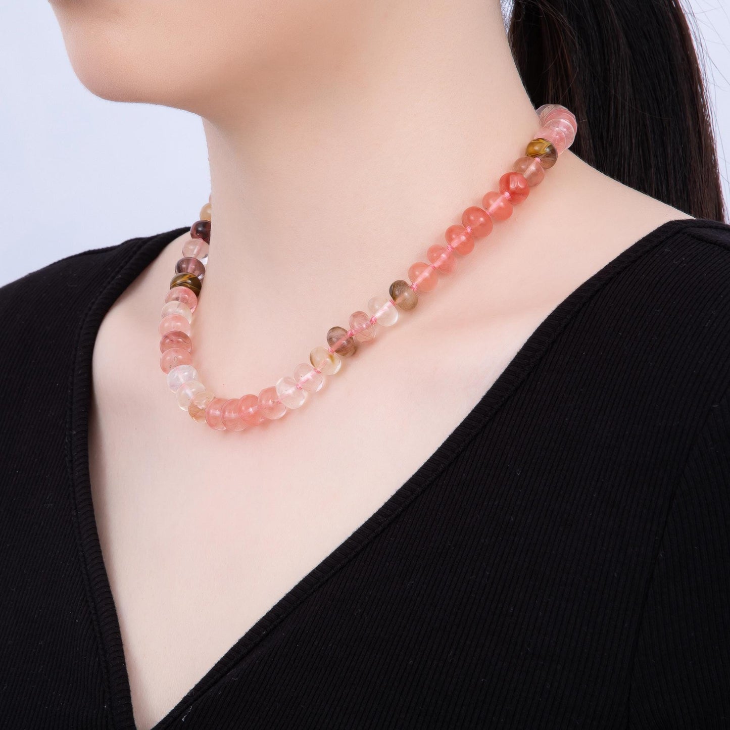 Dainty 6x10 mm Rondelle Gemstone Beaded Necklace Waterproof Beaded 17.3 inch Long w/ PVD Gold Stainless Steel Tarnish Free WA-4362