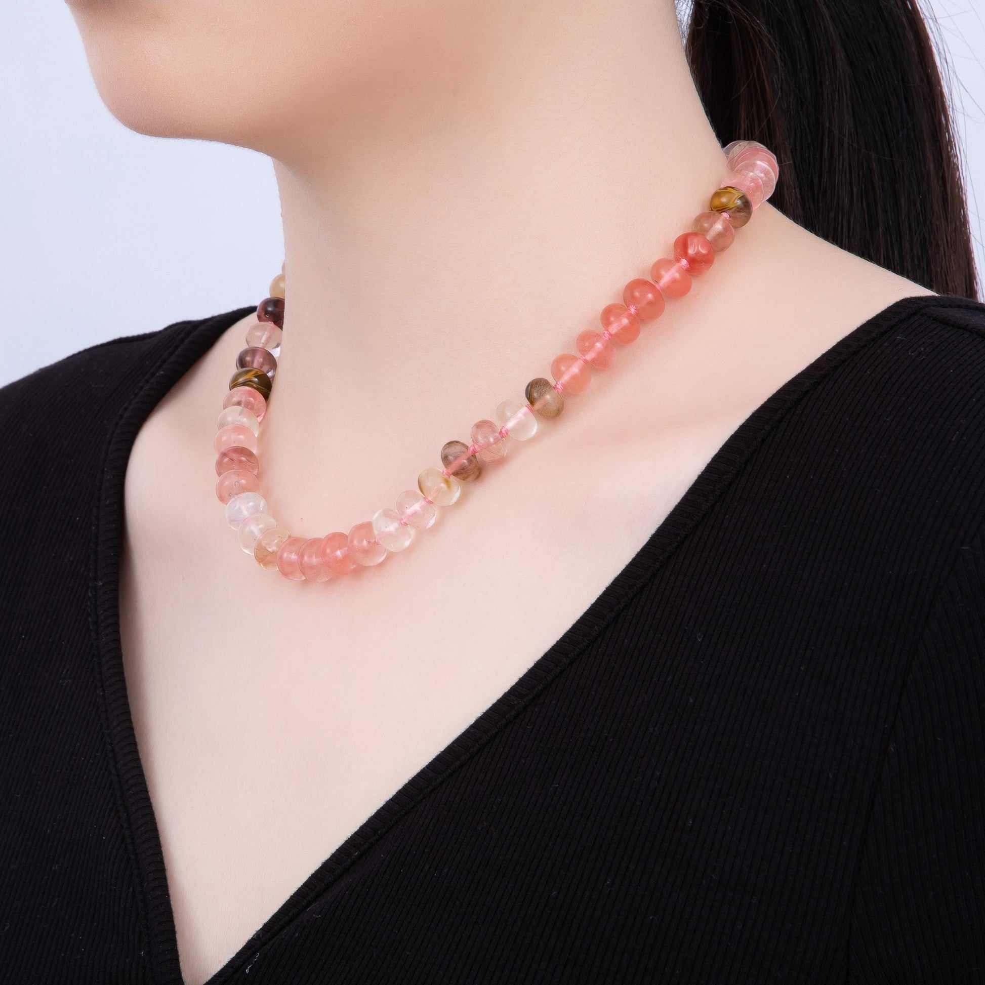 Dainty 6x10 mm Rondelle Gemstone Beaded Necklace Waterproof Beaded 17.3 inch Long w/ PVD Gold Stainless Steel Tarnish Free WA-4362