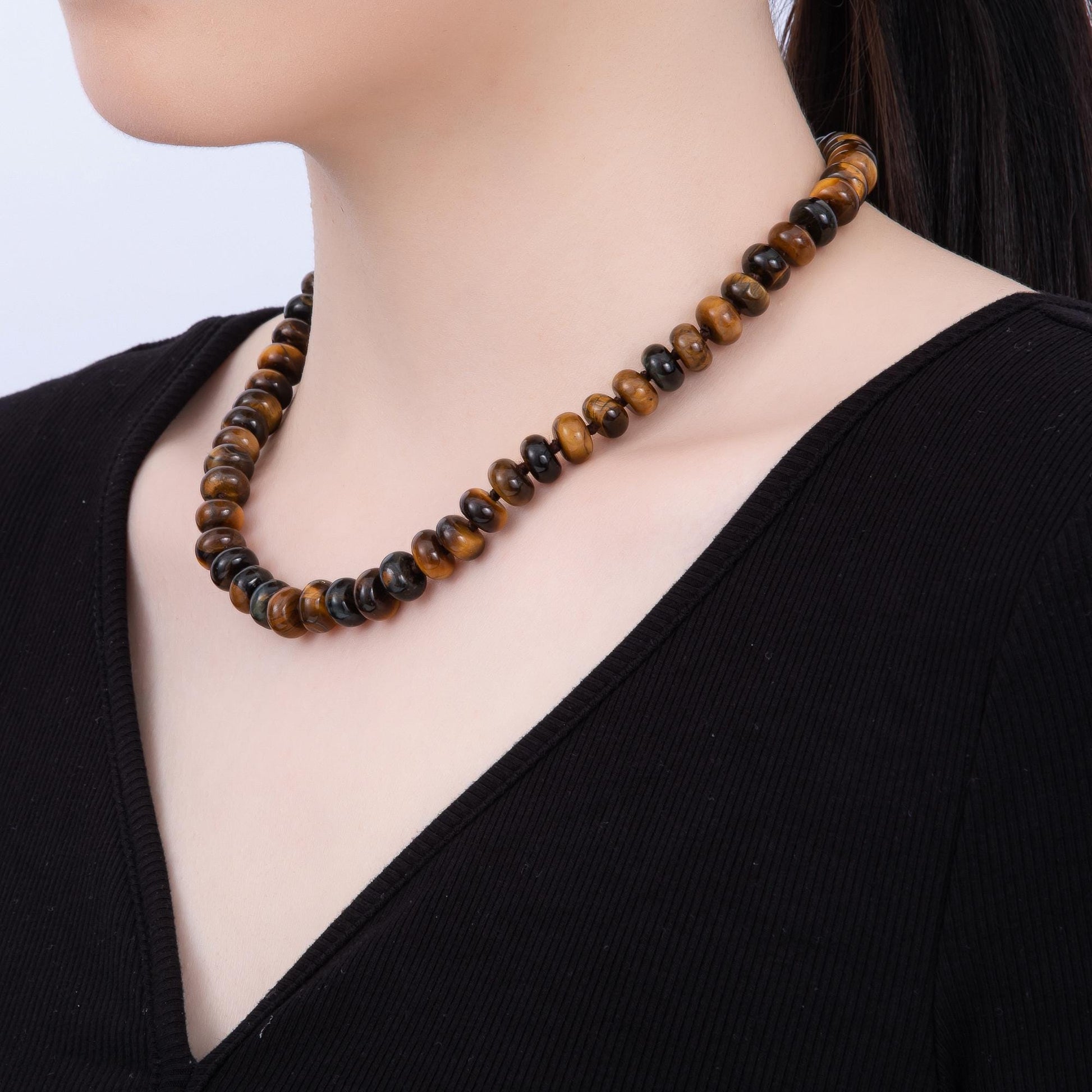 Dainty 6x10 mm Rondelle Gemstone Beaded Necklace Waterproof Beaded 17.3 inch Long w/ PVD Gold Stainless Steel Tarnish Free WA-4362