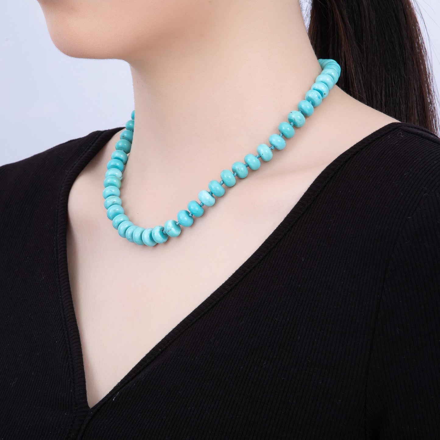 Dainty 6x10 mm Rondelle Gemstone Beaded Necklace Waterproof Beaded 17.3 inch Long w/ PVD Gold Stainless Steel Tarnish Free WA-4362