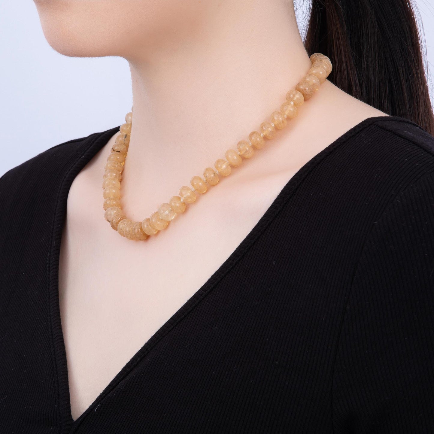 Dainty 6x10 mm Rondelle Gemstone Beaded Necklace Waterproof Beaded 17.3 inch Long w/ PVD Gold Stainless Steel Tarnish Free WA-4362