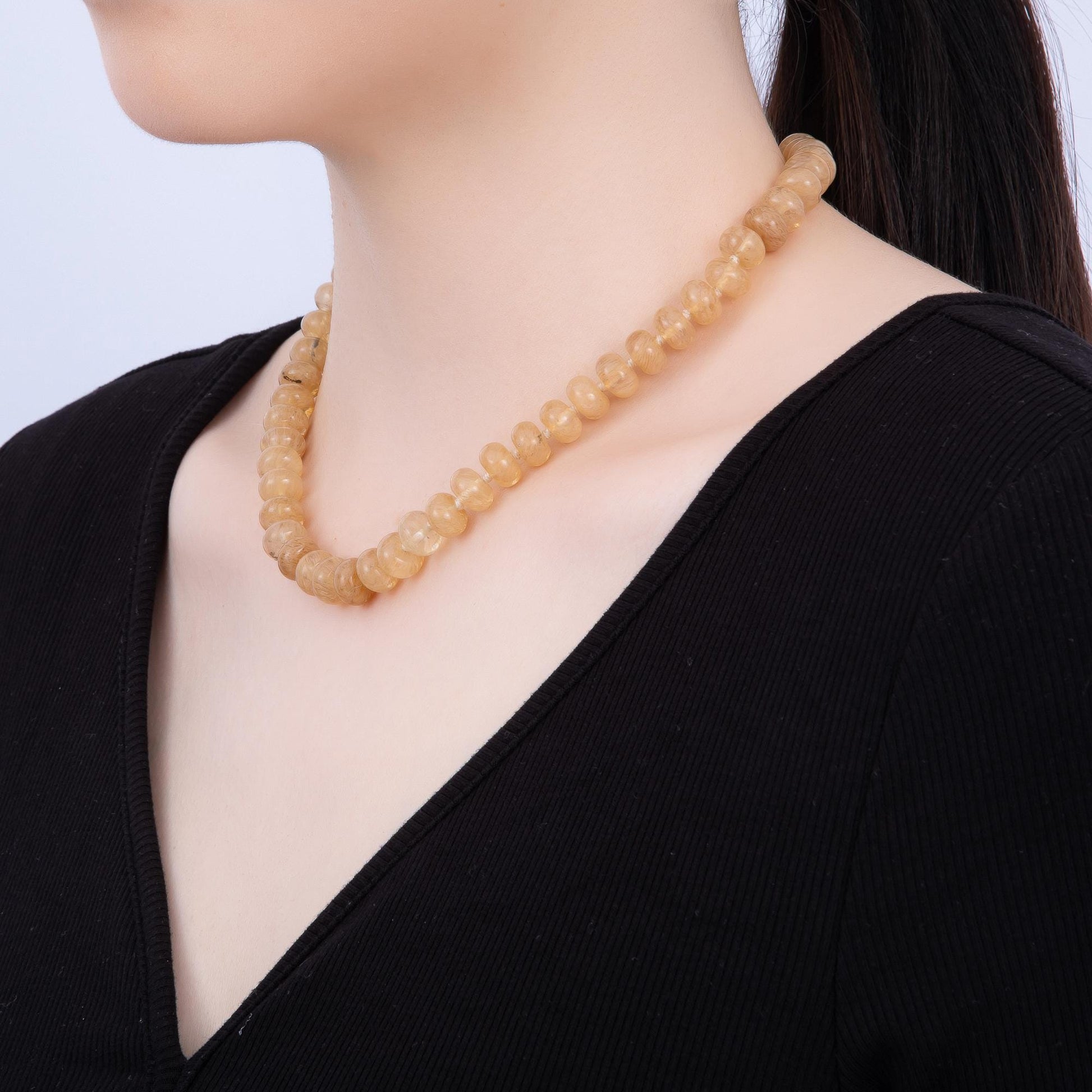 Dainty 6x10 mm Rondelle Gemstone Beaded Necklace Waterproof Beaded 17.3 inch Long w/ PVD Gold Stainless Steel Tarnish Free WA-4362