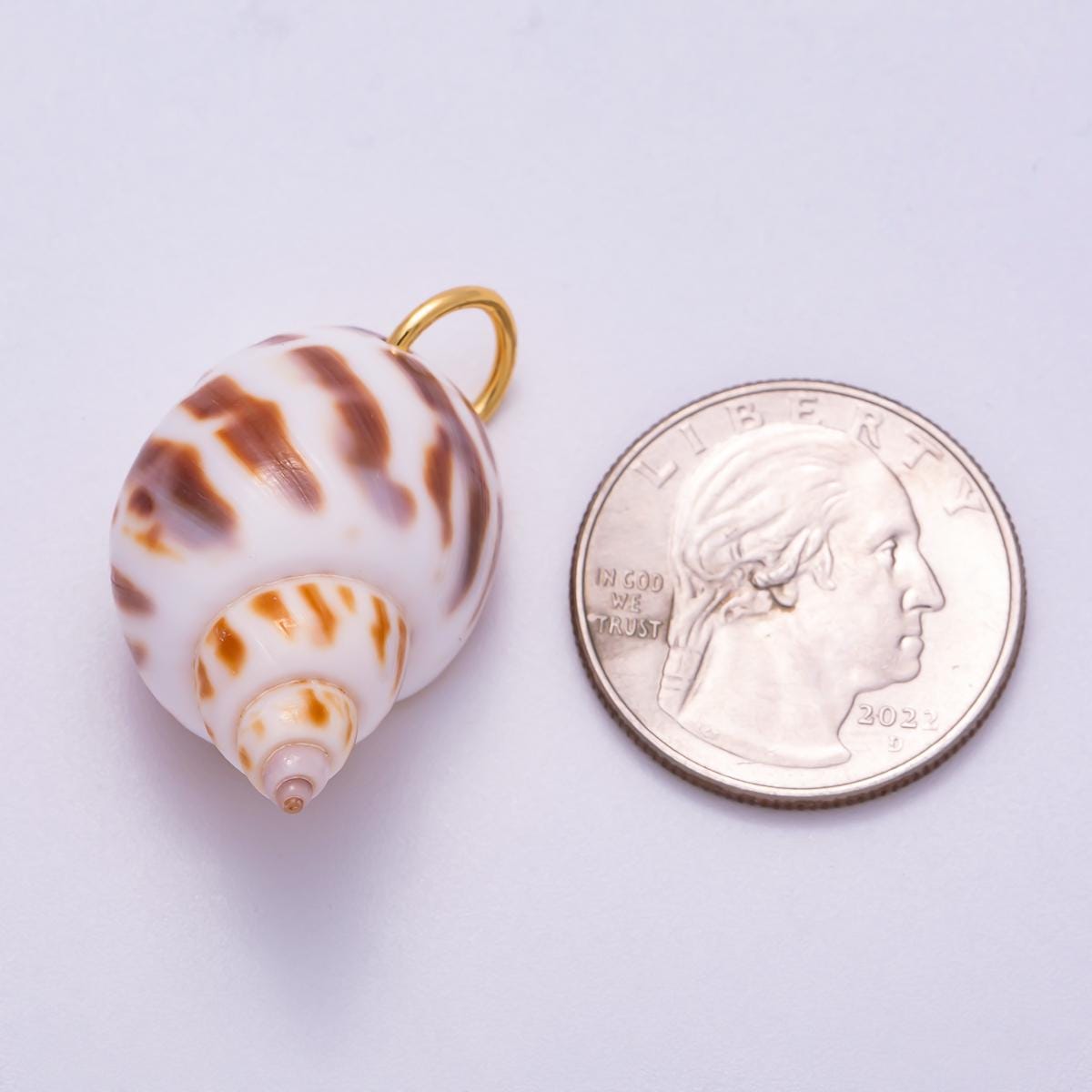 18K Gold Filled 33mm Spotted Conch Shell Charm Handmade Coastal Gift Brown and White Spiral Seashell Beach Inspired Gift | Charms-00556