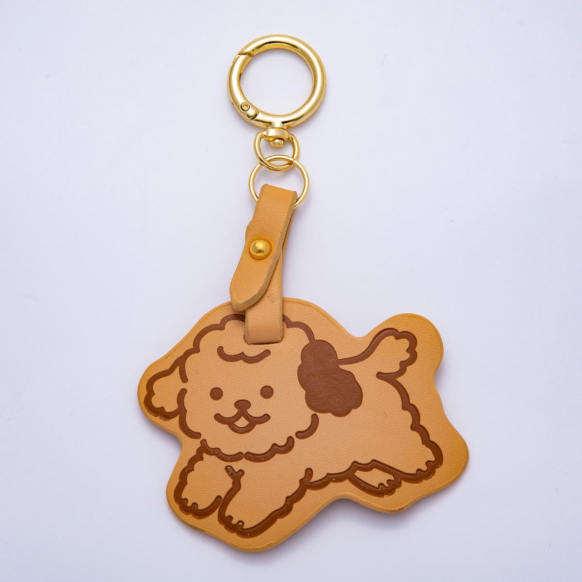 18K Gold Filled 140mm Pastel Brown Puppy Pet PU Leather Bag Charm Keychain Tan Dog Key Fob Kid Backpack School Accessory | WB-00320