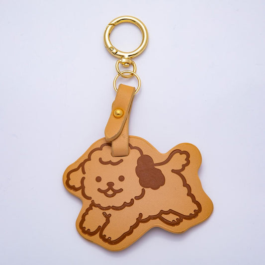18K Gold Filled 140mm Pastel Brown Puppy Pet PU Leather Bag Charm Keychain Tan Dog Key Fob Kid Backpack School Accessory | WB-00320