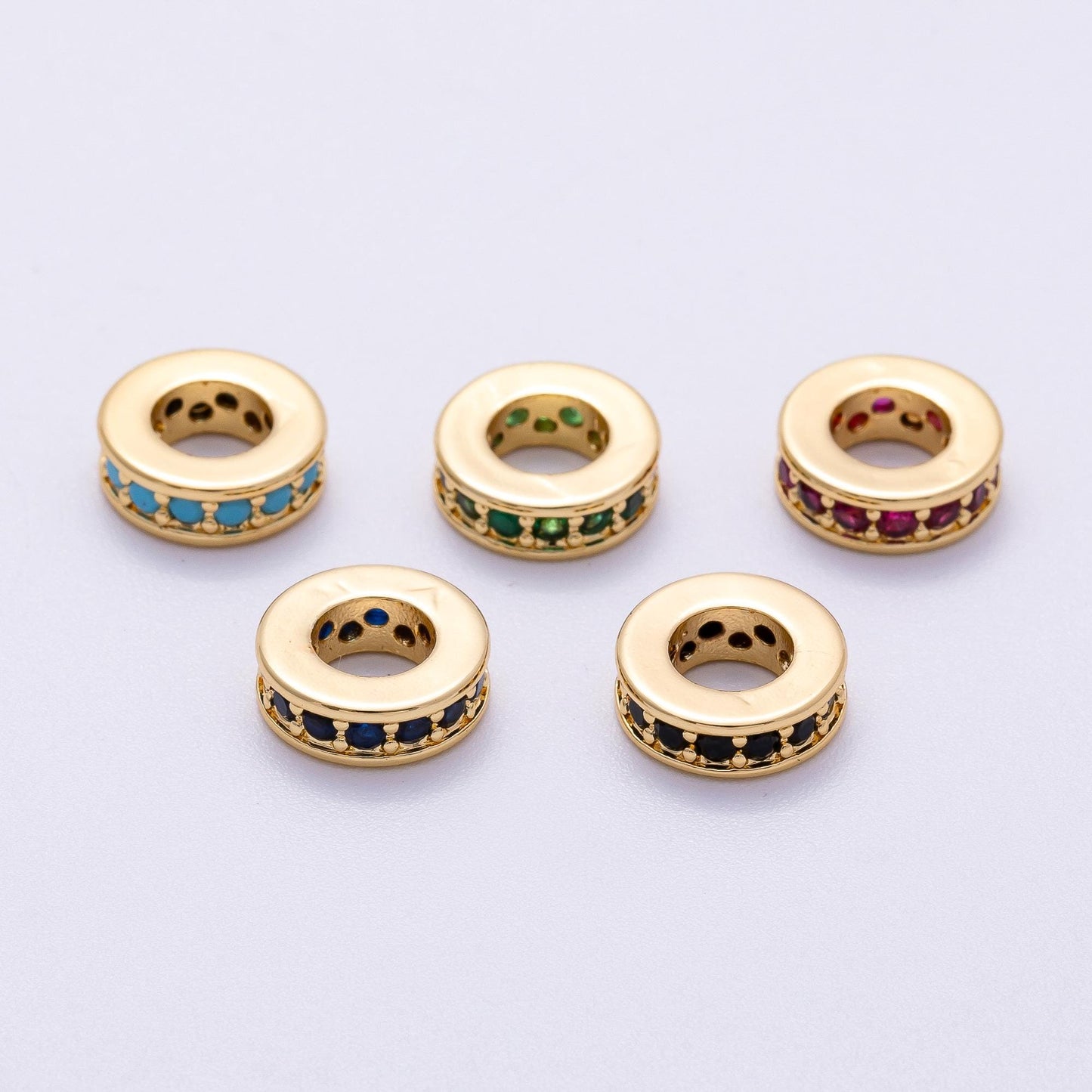 16K Gold Filled 10mm Colorful Micro Paved CZ Round Mini Spacer Rondelle Charm Holder Rainbow Crystal Discs DIY Jewelry Making | Beads-00243