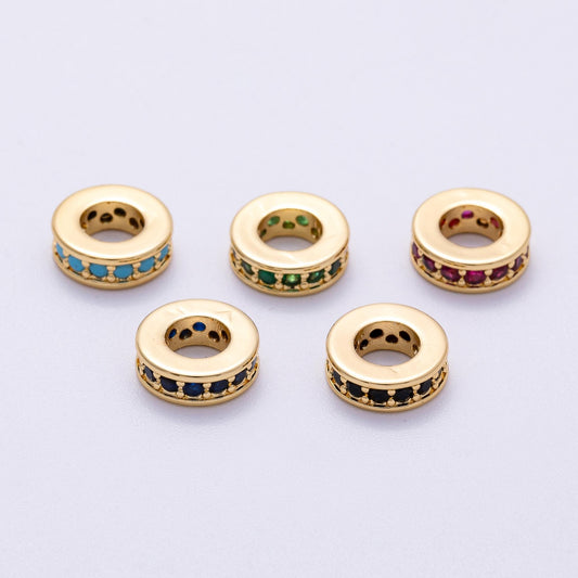 16K Gold Filled 10mm Colorful Micro Paved CZ Round Mini Spacer Rondelle Charm Holder Rainbow Crystal Discs DIY Jewelry Making | Beads-00243