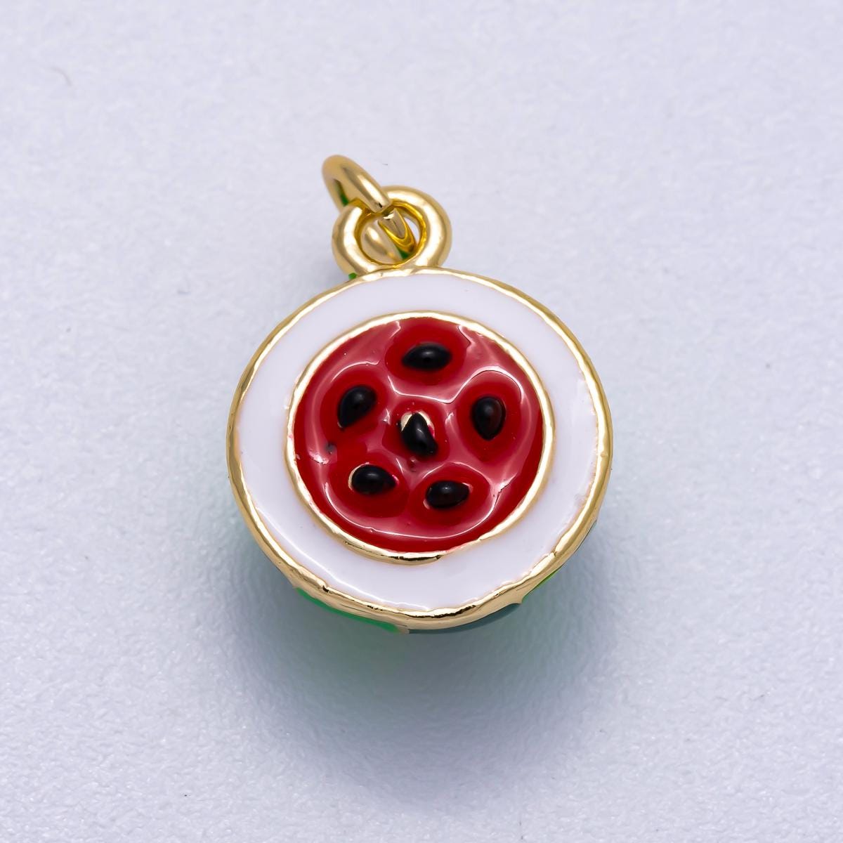 16K Gold Filled 16mm 3D Red Enamel Watermelon Multidimensional Fruit Charm Summer Jewelry Kawaii Food Accessory DIY Supply | Charms-00568
