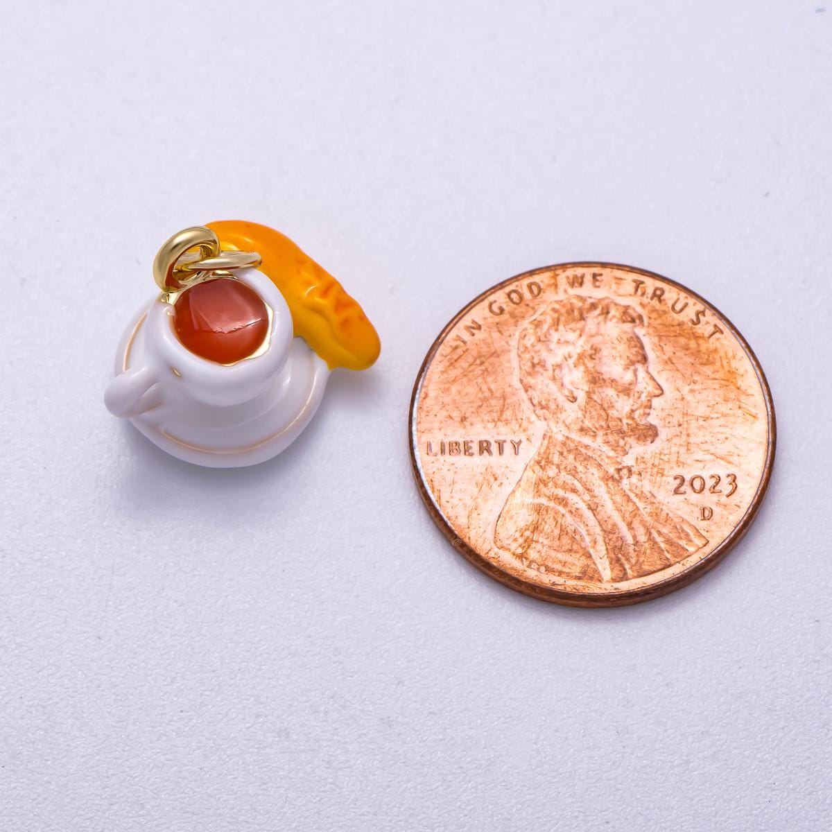 16K Gold Filled 14mm Coffee Baguette Breakfast Enamel 3D Multidimensional Charm Kawaii Latte Cup with Side Pendant | Charms-00570
