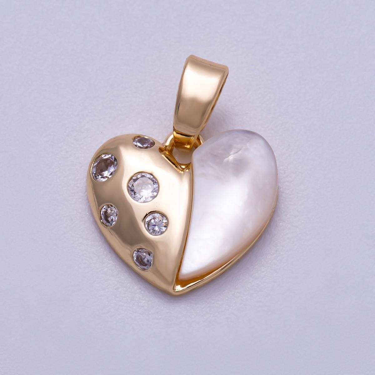 Mini gold heart white shell pearl with Cubic Zirconia charm pendant love charm for handmade jewelry supply necklace bracelet Charms-00592