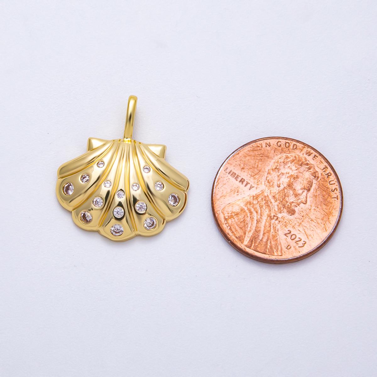 16K Gold Filled 22mm Clear CZ Dotted Clam Shell Pendant Scallop Seashell charm sparkling ocean DIY jewelry making supply | Charms-00575