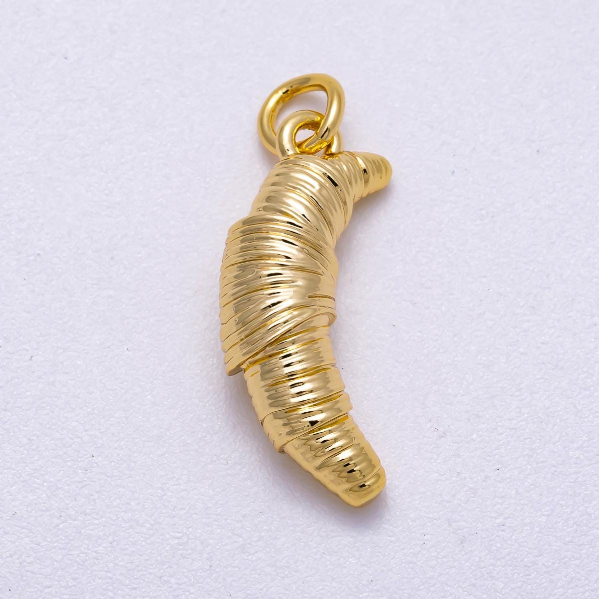 16K Gold Filled 20mm Ribbed Breakfast Croissant 3D Multidimensional Charm Mini French Pastry Dainty Food Necklace DIY Supply | Charms-00577