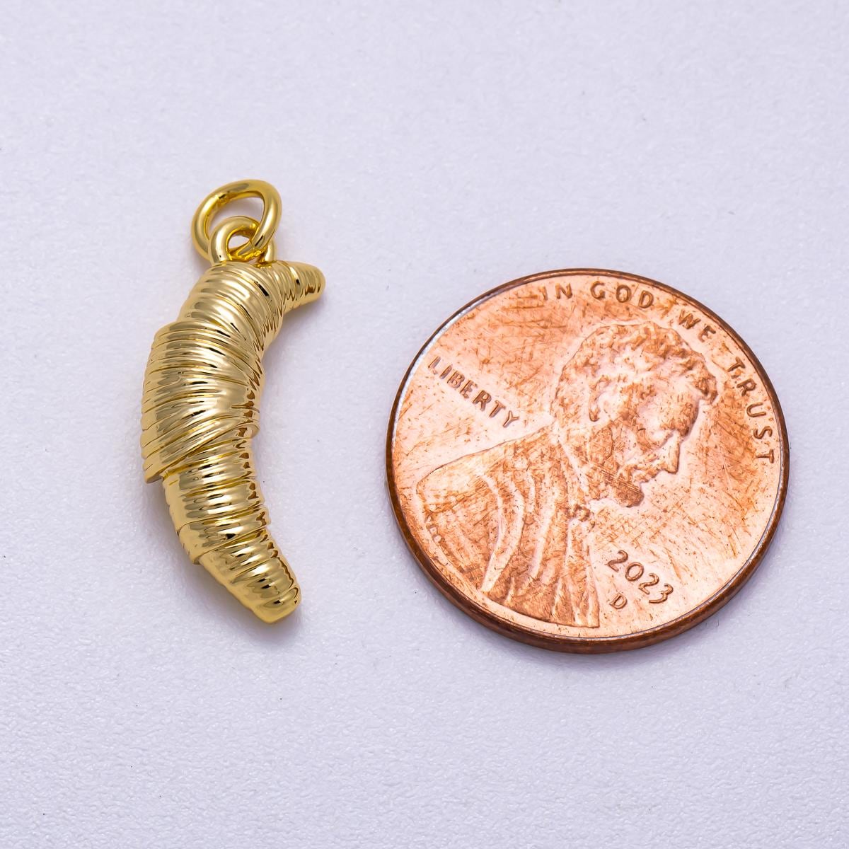 16K Gold Filled 20mm Ribbed Breakfast Croissant 3D Multidimensional Charm Mini French Pastry Dainty Food Necklace DIY Supply | Charms-00577