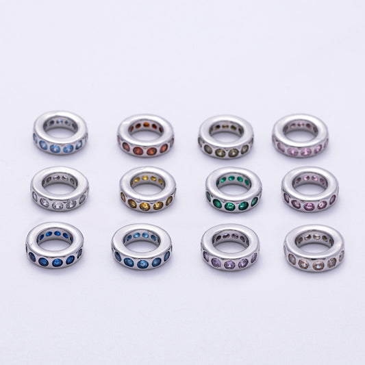 Birthstone Bead Spacer Charm 10mm Silver Gemstone Rondelle Charms with Big Hole for Bracelet, Necklace Component Beads-260