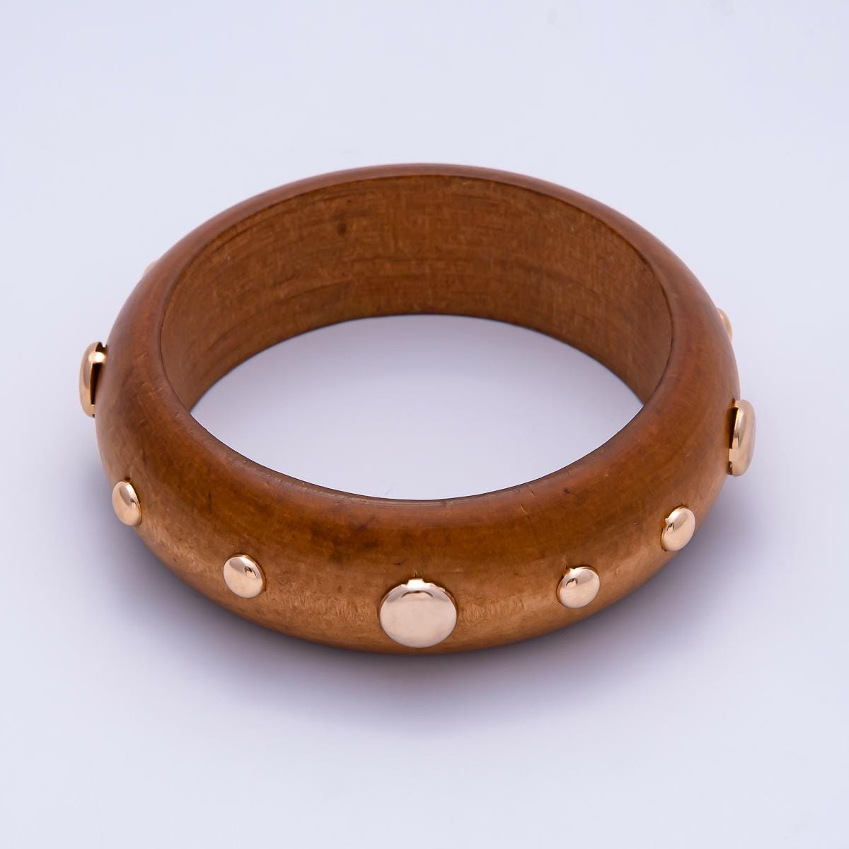 Chunky Wood Bangle Bracelet Gold Studded Earth Tones Statement Jewelry WA-4310