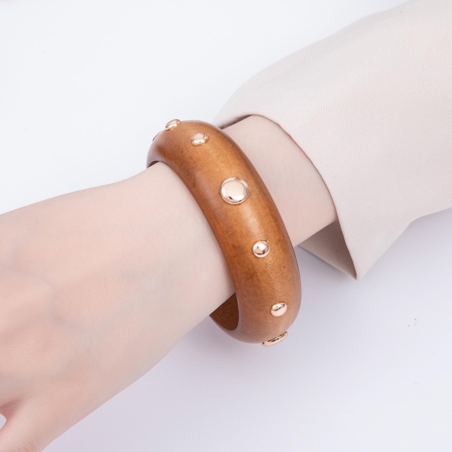 Chunky Wood Bangle Bracelet Gold Studded Earth Tones Statement Jewelry WA-4310