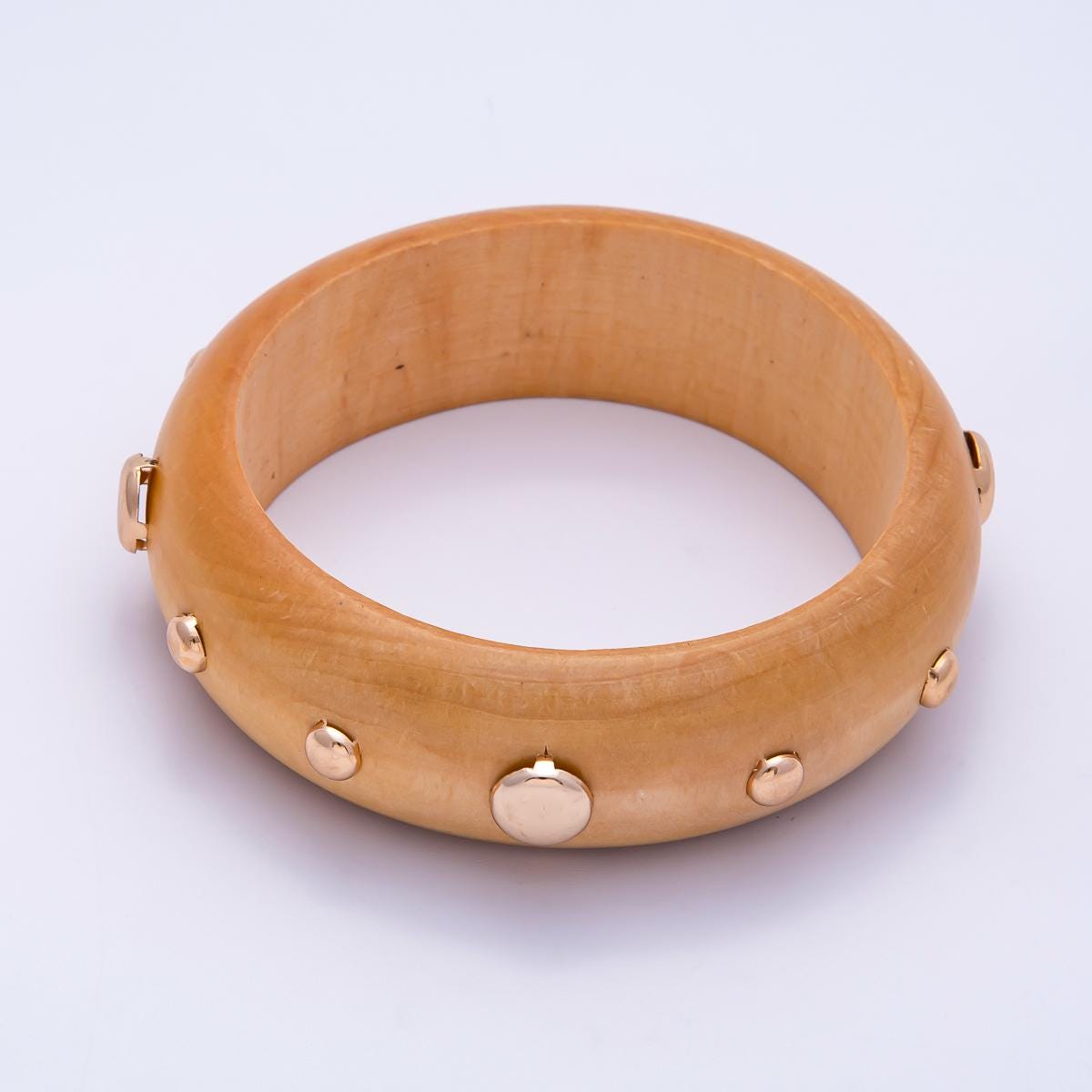Chunky Wood Bangle Bracelet Gold Studded Earth Tones Statement Jewelry WA-4310