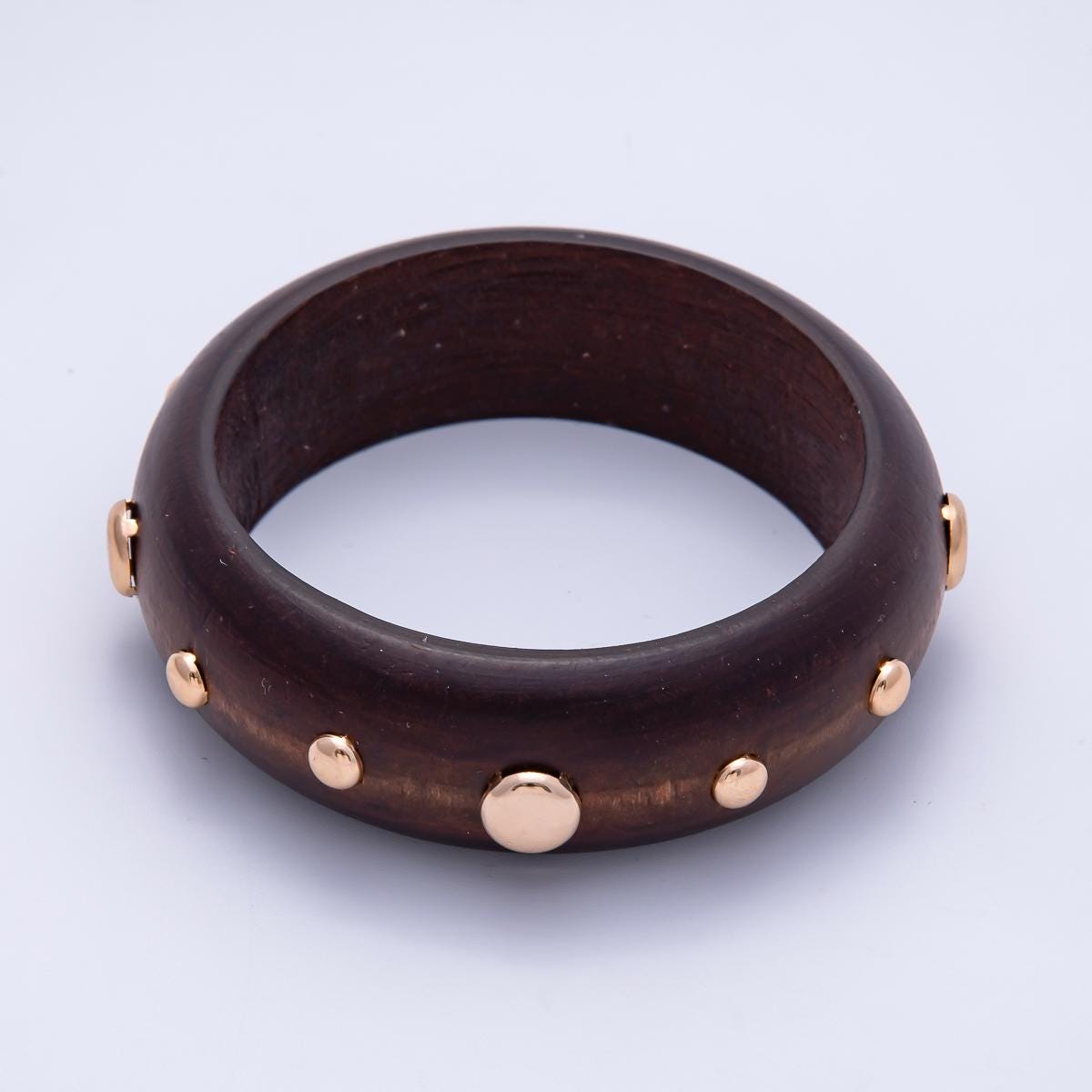 Chunky Wood Bangle Bracelet Gold Studded Earth Tones Statement Jewelry WA-4310
