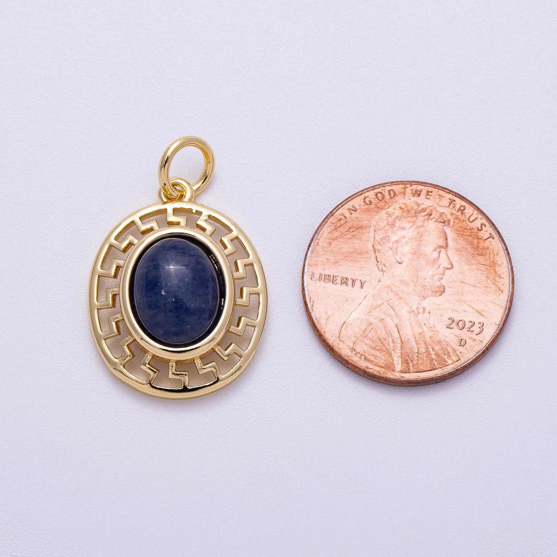 16K Gold Filled 20mm Blue Kyanite Cabochon Gemstone Open Geometric Bezel Oval Charm Ancient Greek Style Medallion Symbol | Charms-00599