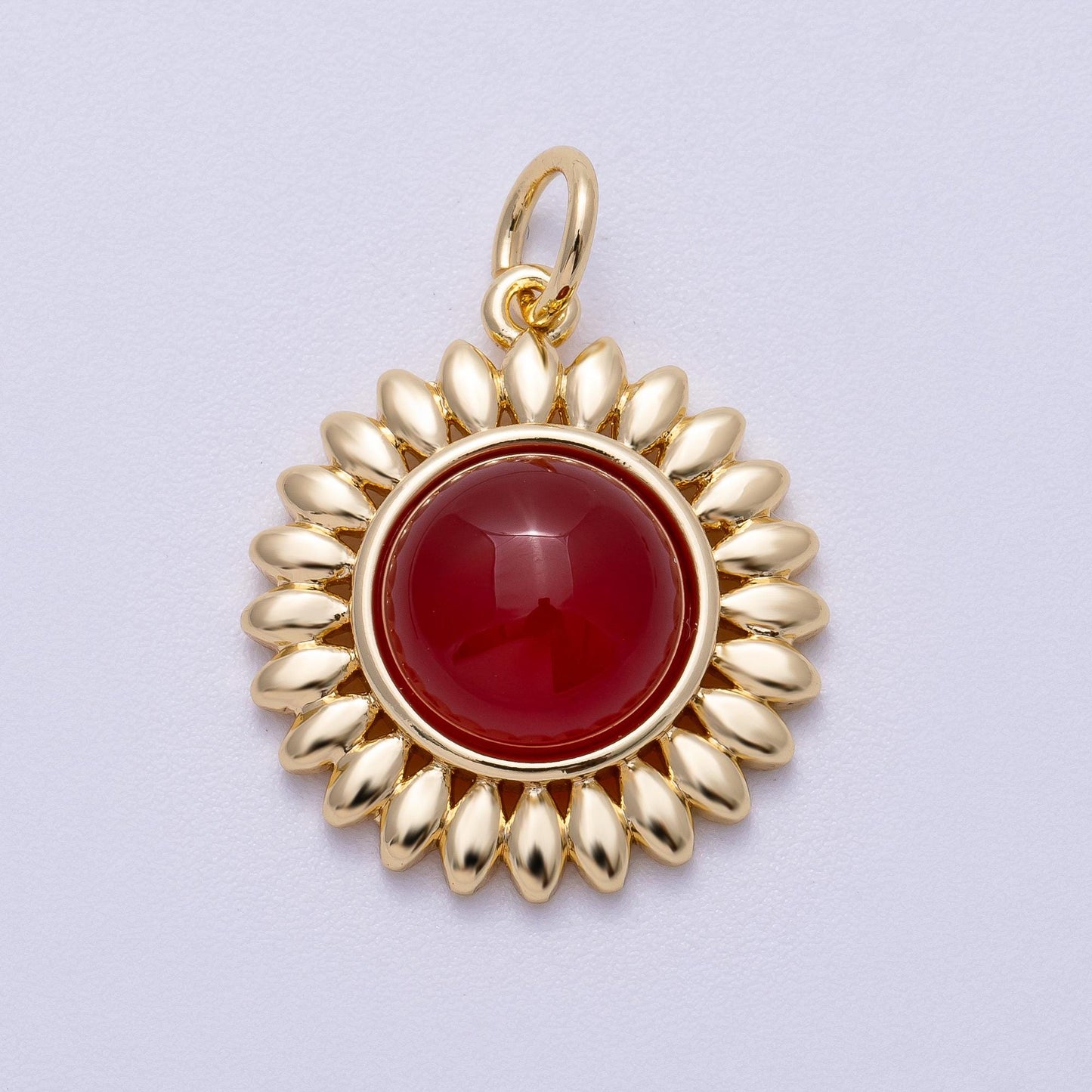 16K Gold Filled 21mm Carnelian, Aquamarine, Amethyst Round Cabochon Gemstone Flower Charm Boho Celestial Pendant Necklace | Charms-00600