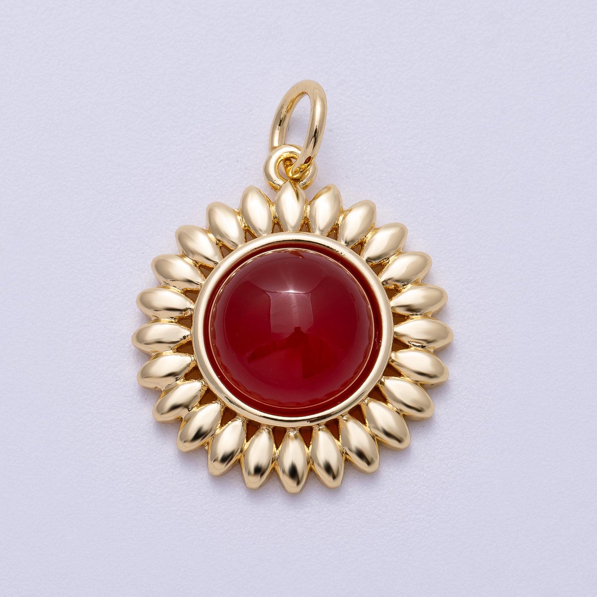 16K Gold Filled 21mm Carnelian, Aquamarine, Amethyst Round Cabochon Gemstone Flower Charm Boho Celestial Pendant Necklace | Charms-00600