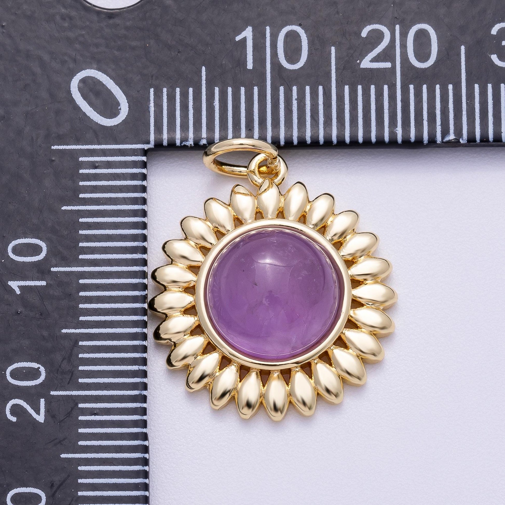16K Gold Filled 21mm Carnelian, Aquamarine, Amethyst Round Cabochon Gemstone Flower Charm Boho Celestial Pendant Necklace | Charms-00600