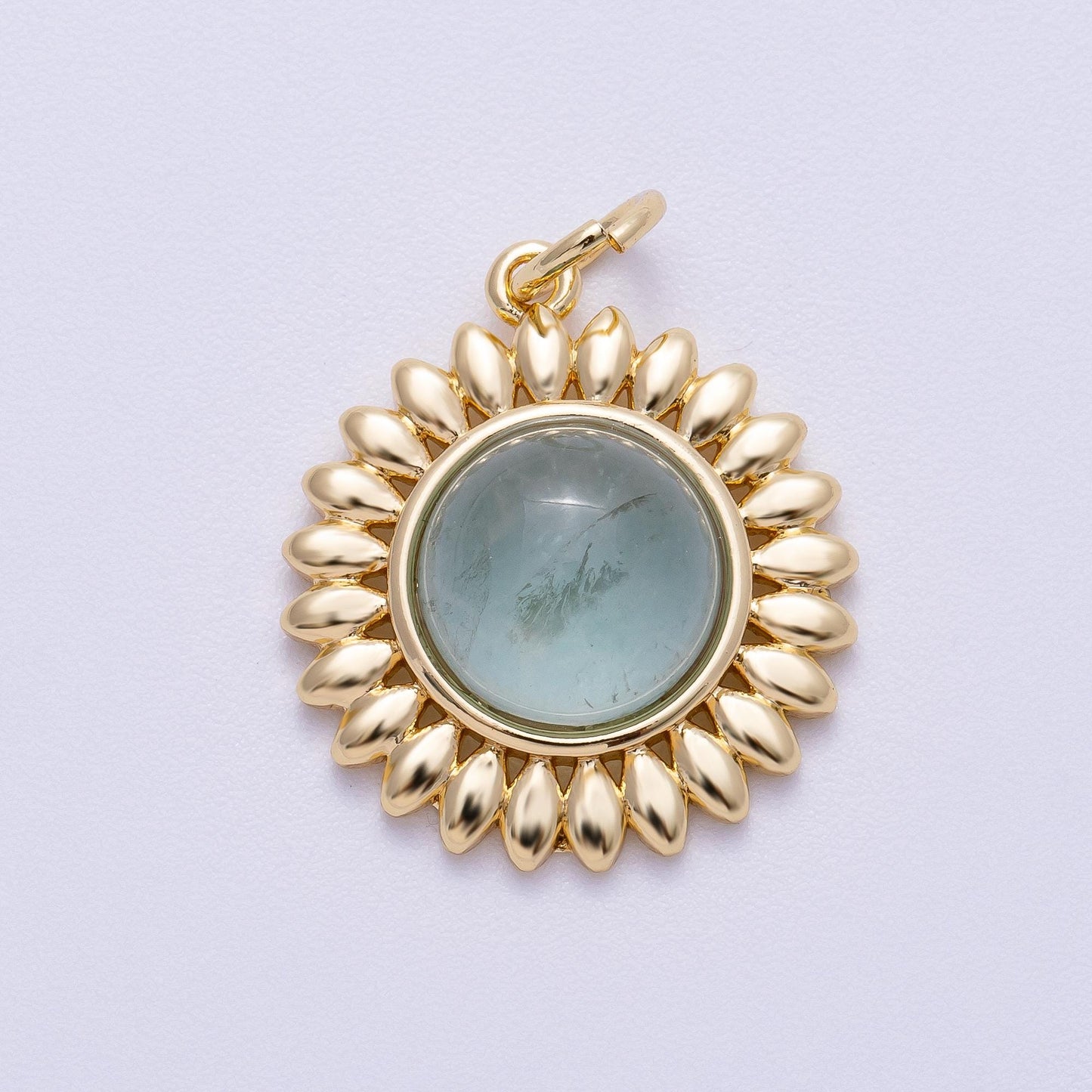 16K Gold Filled 21mm Carnelian, Aquamarine, Amethyst Round Cabochon Gemstone Flower Charm Boho Celestial Pendant Necklace | Charms-00600