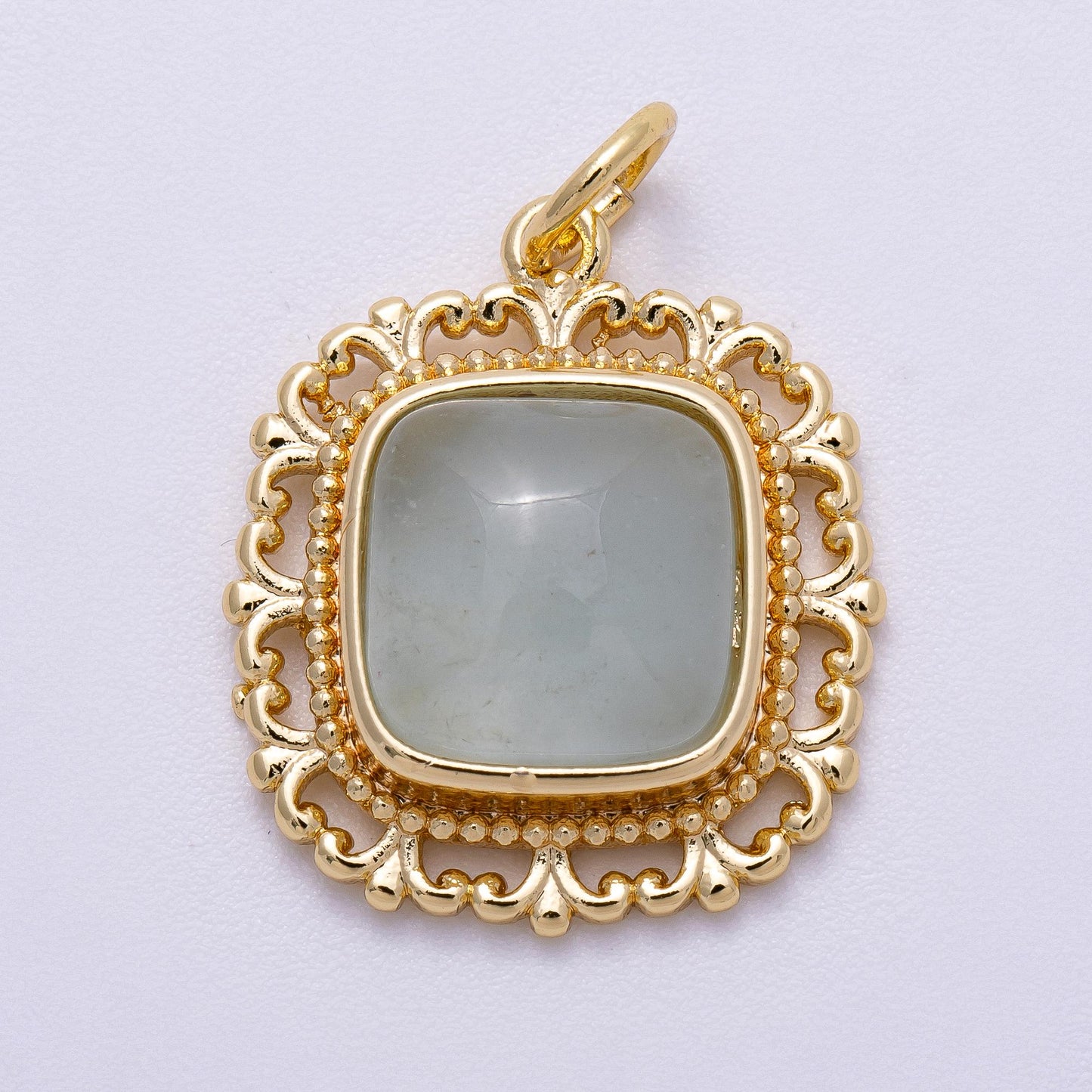 16K Gold Filled 20mm Aquamarine, Amethyst, Prehnite Square Gemstone Artisan Bezel Charm Ornate Filigree Vintage Style Supply | Charms-00603