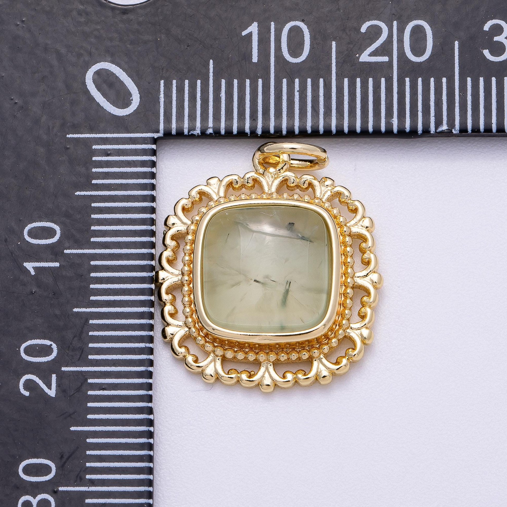 16K Gold Filled 20mm Aquamarine, Amethyst, Prehnite Square Gemstone Artisan Bezel Charm Ornate Filigree Vintage Style Supply | Charms-00603
