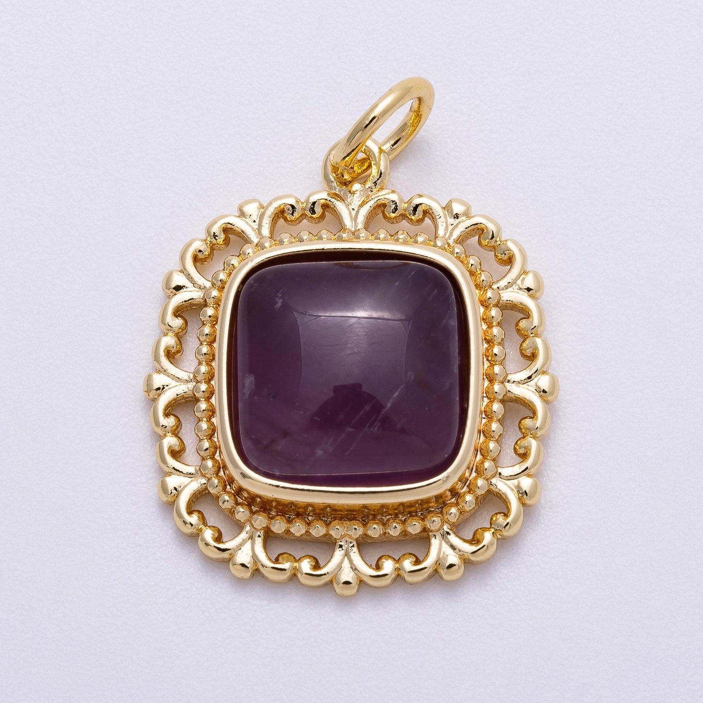16K Gold Filled 20mm Aquamarine, Amethyst, Prehnite Square Gemstone Artisan Bezel Charm Ornate Filigree Vintage Style Supply | Charms-00603