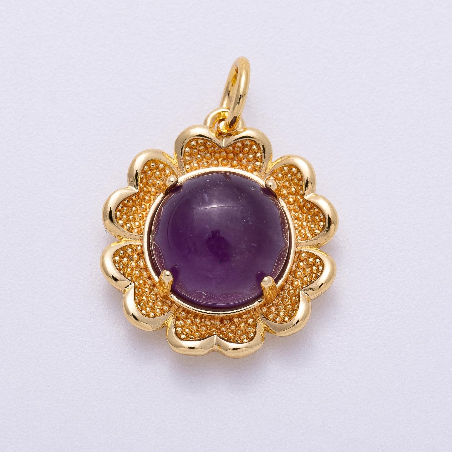 16K Gold Filled 19mm Amethyst, Carnelian Cabochon Gemstone Flower Charm Boho Celestial Sunflower Necklace Gift for Her | Charms-00608
