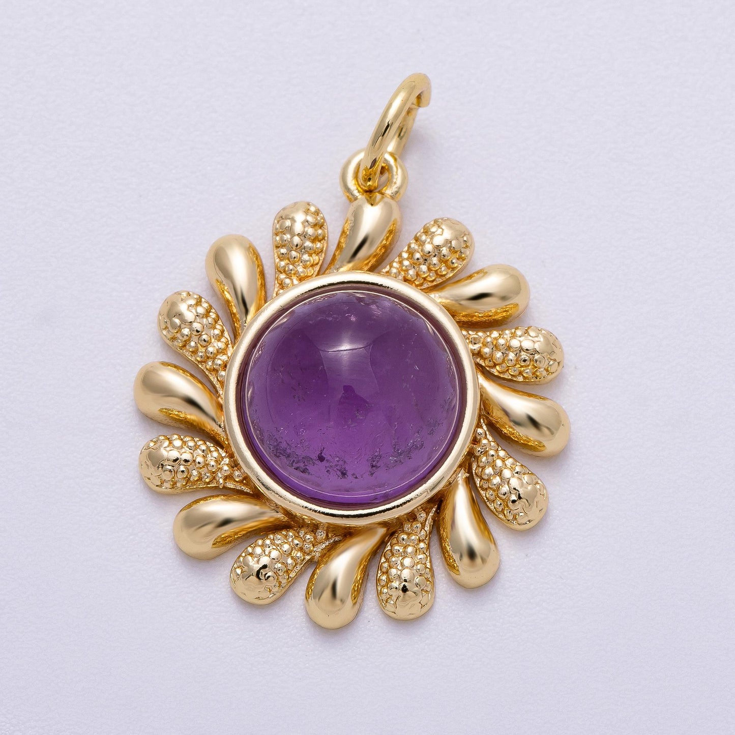 16K Gold Filled 23mm Amethyst, Carnelian Cabochon Gemstone Celestial Sun Ray Charm Textured Boho Sunburst Necklace DIY Supply | Charms-00610