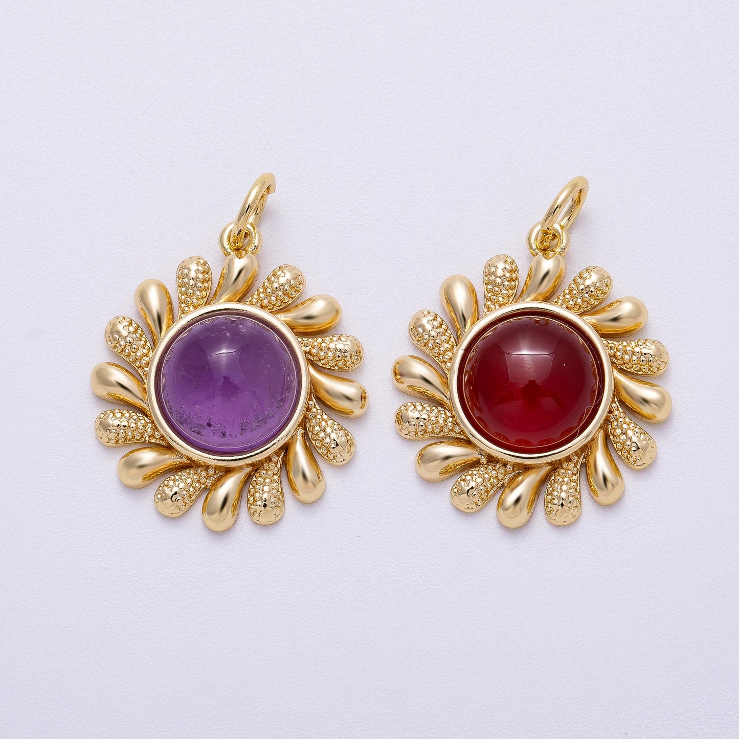 16K Gold Filled 23mm Amethyst, Carnelian Cabochon Gemstone Celestial Sun Ray Charm Textured Boho Sunburst Necklace DIY Supply | Charms-00610