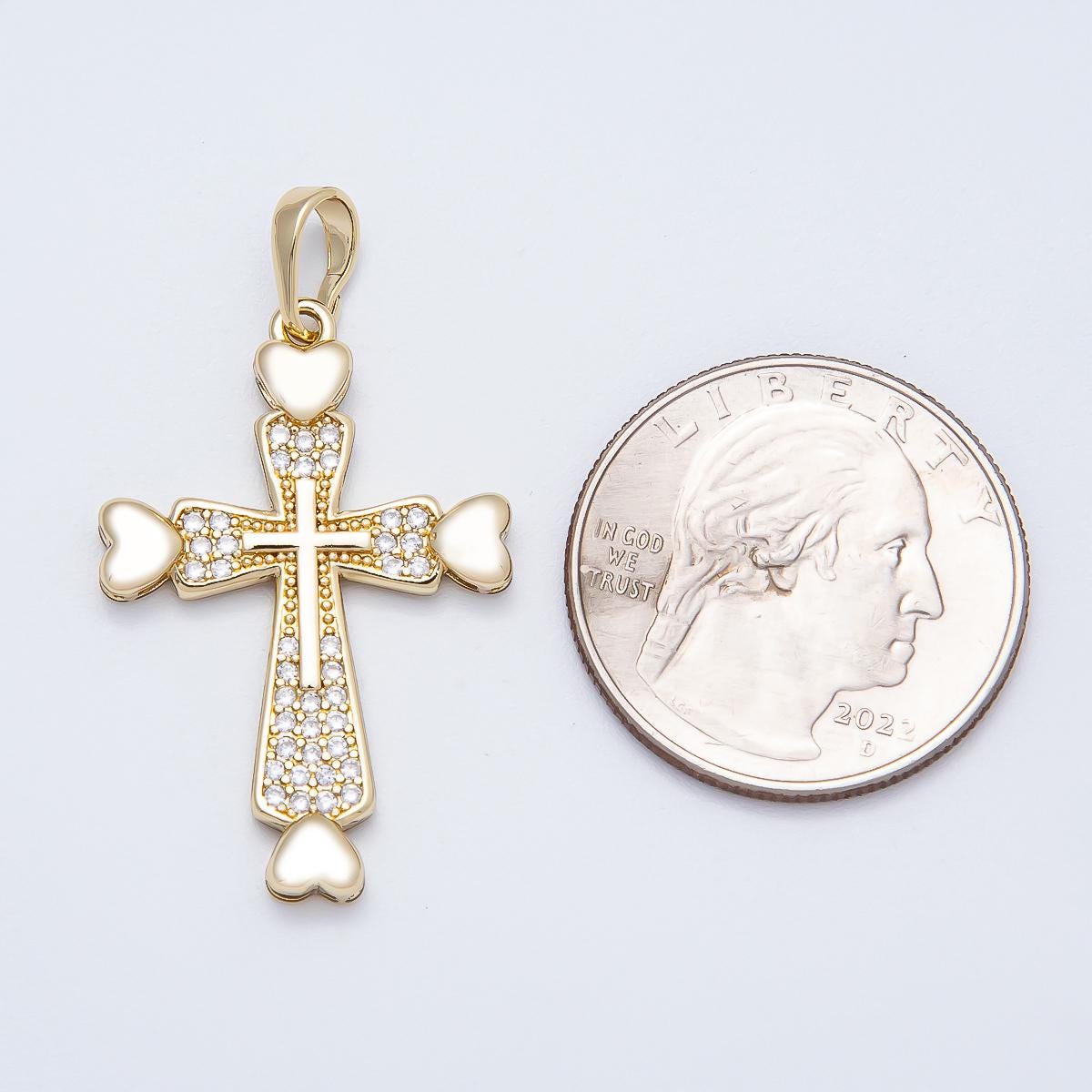 14K Gold Filled Cross Charm Pendant with Micro Pave CZ Heart For Religious Jewelry Making Supply Charms-00519