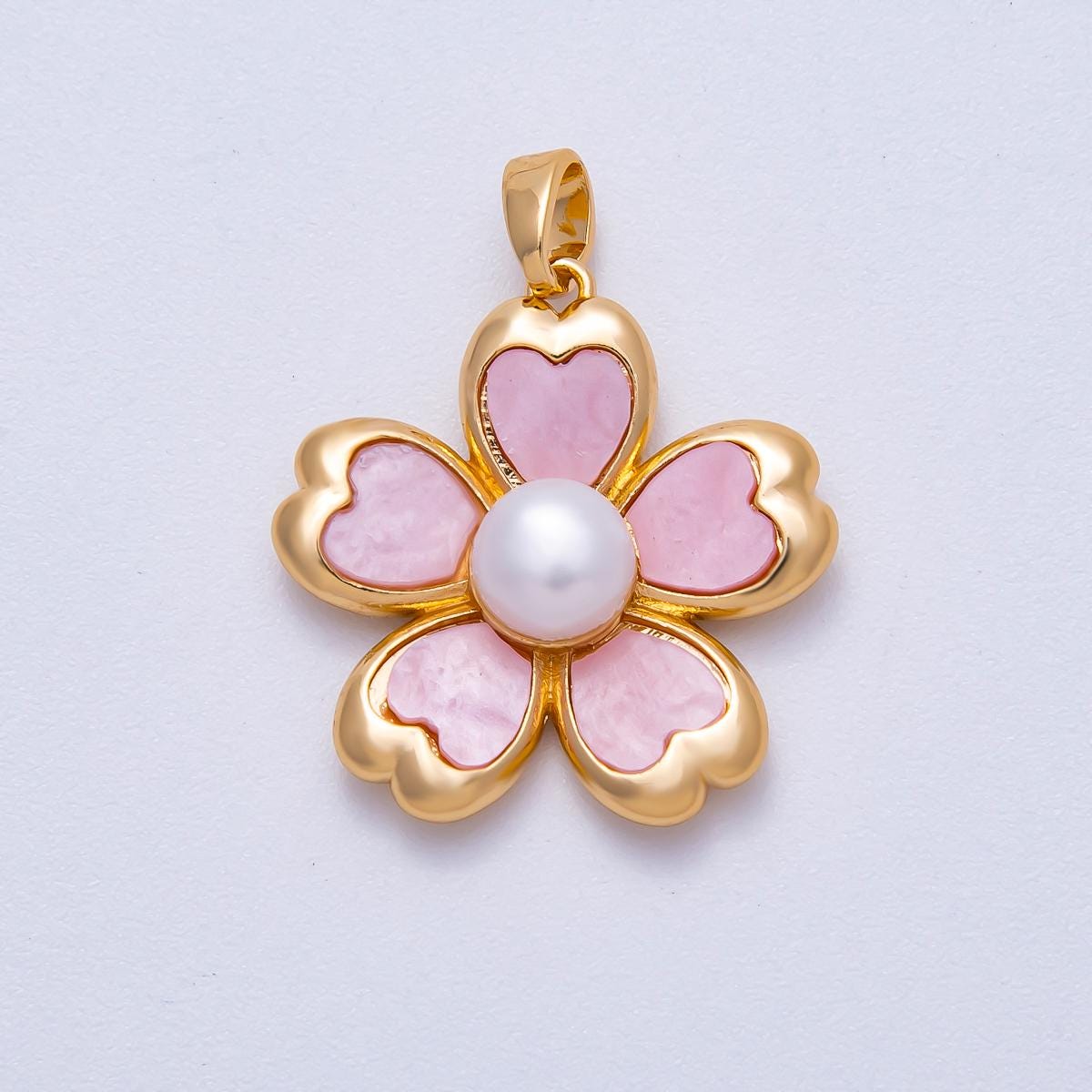 18K Gold Filled 23mm Pink Heart Shell Pearl Blooming Flower Pendant | Charms-00643