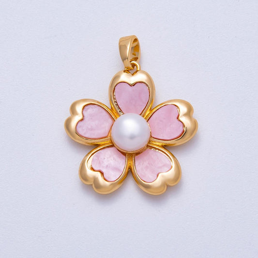 18K Gold Filled 23mm Pink Heart Shell Pearl Blooming Flower Pendant | Charms-00643