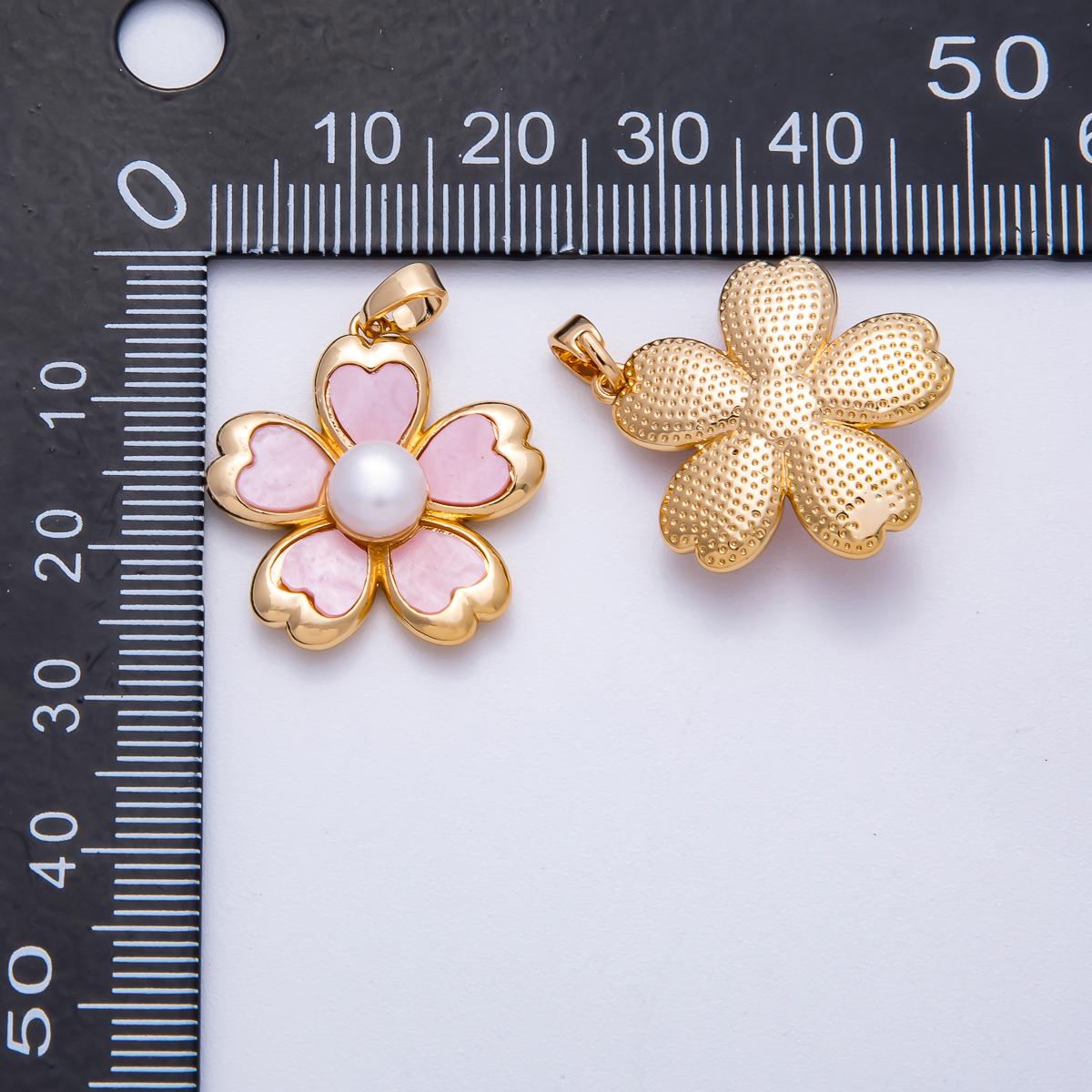 18K Gold Filled 23mm Pink Heart Shell Pearl Blooming Flower Pendant | Charms-00643