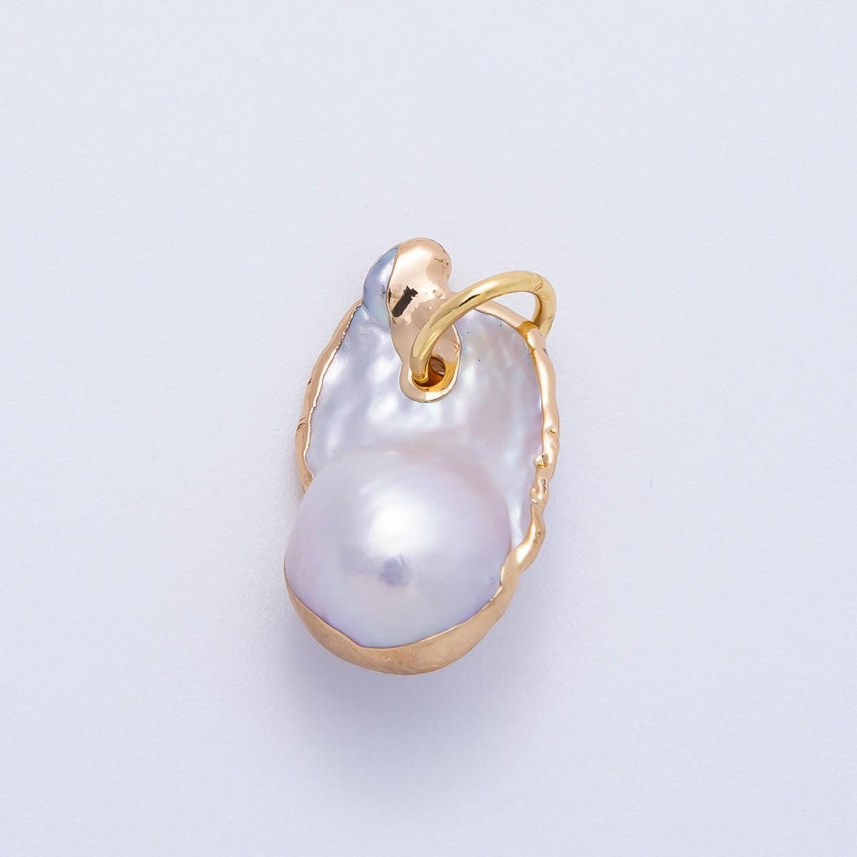 Freeform Baroque Pearl Pendant Necklace 18k Gold Plated Edges White Pearl Charms-640