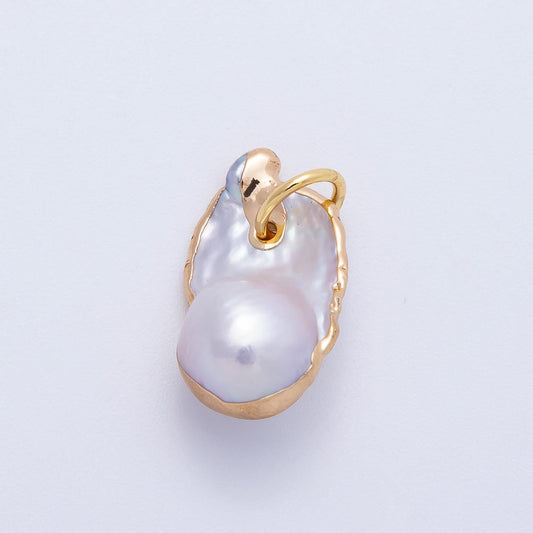 Freeform Baroque Pearl Pendant Necklace 18k Gold Plated Edges White Pearl Charms-640