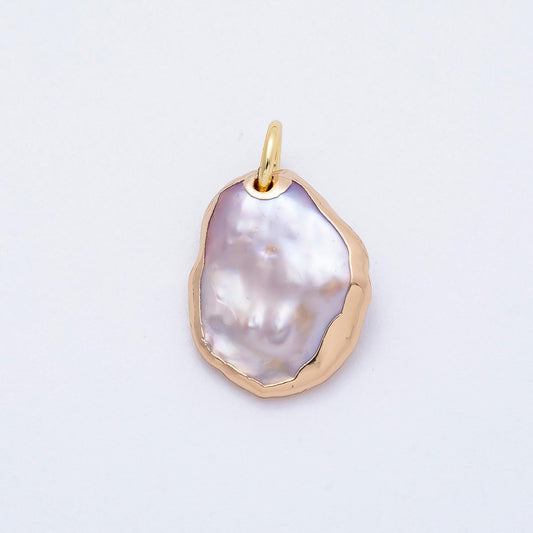 Freeform Baroque Coin Pearl Pendant Necklace 18k Gold Plated Edges White Pearl Charms-641